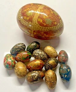 13er Set Decoupage verzierte Eier mit Tragetasche Ei Sammlerstücke Handarbeit Indien - Bild 1 von 12