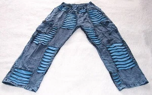 GRINGO Blue Black Distressed Festival Harem Trousers Pants M 12 Boho Alt Cyber - Picture 1 of 6