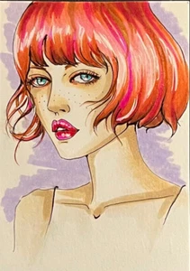 Original ACEO von Viviana Scala. Sara in rosa orange Haare & blaue Augen. Min.1/2024 - Bild 1 von 5