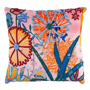 BOHO FLOWERS Embroidered Cushion Square Decorative Throw Pillow 18x18" - Picture 1 of 12