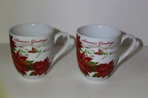 Set of 2 Fitz & Floyd Season's Greetings Poinsettia 12 oz Ceramic Coffee Mugs - Picture 1 of 10