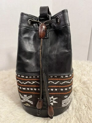 Vintage Leather Bucket Bag Drawstring Western Tribal Purse Backpack Handcrafted - Image 1 of 4