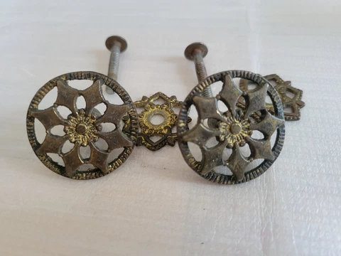 2 Antique Solid Brass Piereced Drawer Knob Pulls w/Backplates Cover