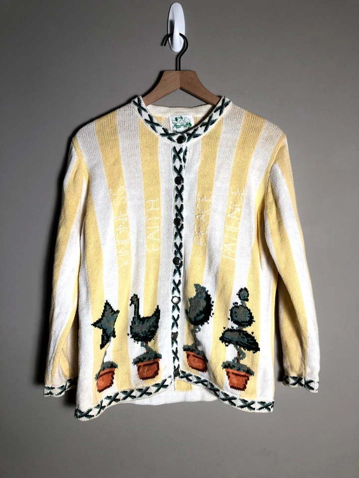 Cárdigan Suéter The Quacker Factory Amarillo Blanco Rayas Topiario Palabras M *MANCHA Foto 1 de 4