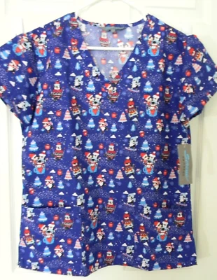 Serene Uniforms Christmas Winter Penguins Blue Scrub Tops Sz S NWT - Image 1 of 4
