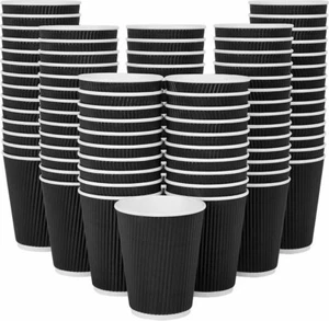 12oz Disposable Kraft Ripple Coffee Cups Black Triple Wall With Reusable Lids - Picture 1 of 9