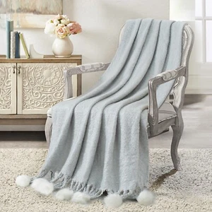 VERAMUSE THROW BLANKET, pompom fringe, gray, 50"x60", microfiber, New in box - Picture 1 of 1