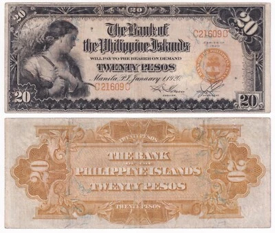 1920 Bank of the Philippine Islands BPI 20 pesos nota escolha-15 - Imagem 1 de 4