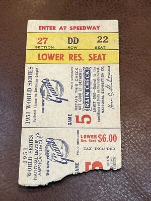 1951 World Series Gm 5 Ticket Yankees NY Giants  RC Mays Mickey Mantle - Image 1 of 2
