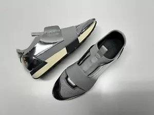 Balenciaga Paris Women’s Silver Leather Gray Knit Stretch Fabric Sneakers Sz 38 - Picture 1 of 16