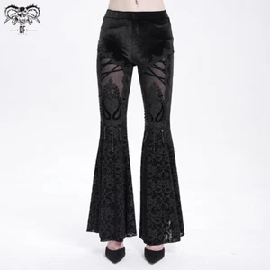 Devil Fashion Women Black Gothic Retro Slim Velvet Lace Applique Flared Pants - Picture 1 of 23