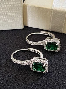 Green Simulated Emerald & Diamond Crystal Silver Tone Drop Dangle Earrings - Picture 1 of 9