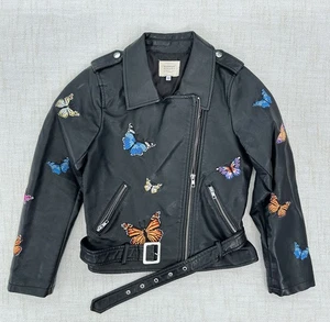 eh HANNAH BANANA Girl's Black Faux Bomber Biker Jacket Butterfly Size 12 - Picture 1 of 3