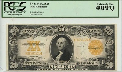 Certificado de oro de $20 de 1922 Fr# 1187 graduación profesional EF 40 PPQ Foto 1 de 2