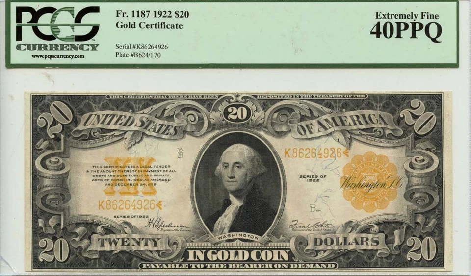 1922 $20 Gold Certificate Fr# 1187 PCGS EF 40 PPQ - Image 1 of 2