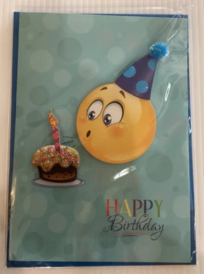 Burgoyne BIRTHDAY CARD Emoji Blowing out Candle PARTY HAT Cake GLITTER Beads 3-D - Image 1 of 3