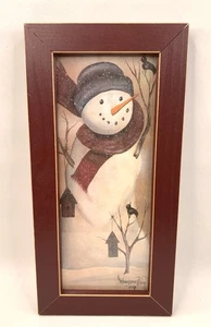 Vintage Snowman Folk Art Print Stephanie Wyman 1998 Signed Framed 14x7” - Picture 1 of 4