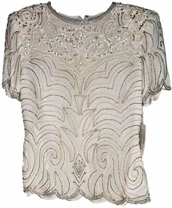 Blusa Formal De Colección Papell Boutique Noche Top Seda Cuentas Lentejuelas Crema - Talla S - Imagen 1 de 10