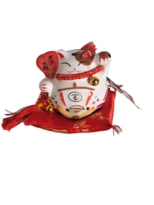 Japanese Fat Fortune Porcelain Piggy Coin Bank Cat Sitting Happy w/ Tag - Picture 1 of 9