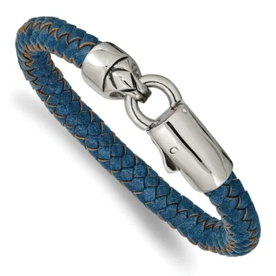Stainless Steel Antiqued and Polished Blue Leather 8.25in Bracelet - Image 1 of 3