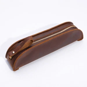 Handmade Genuine Leather Zipper Pen Bag Pencil Case School Stationery Pouch Box - Picture 1 of 16