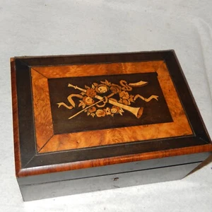 Antique Hand Inlaid Wood SEWING Box Marquetry LOOK INSIDE Notions Marquetry - Picture 1 of 16