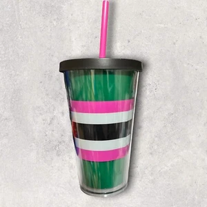 1 x Starbucks Cold Cup Tumbler 16oz Grande Green Black Pink Striped - Bild 1 von 3