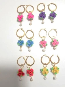 Bouquet Earrings with Genuine Freshwater Pearls 18K Gold Stainless-Steel Hoops - Picture 1 of 16