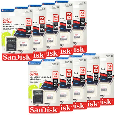 Tarjeta SanDisk Ultra MicroSD 64GB UHS-I Clase 10 con adaptador 100Mb/s Lote de 10 paquetes Foto 1 de 4