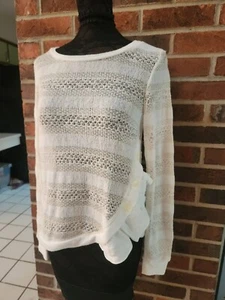 Clu + Willoughby Anthropologie Ivory Beige Stripe Side Ruffle Sweater Small S - Picture 1 of 6