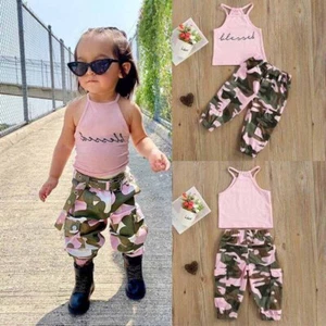 Toddler Baby Girls Summer Clothes Letter Print Tank Tops+Camouflage pantsuit - Picture 1 of 8