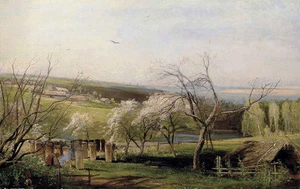 Oil painting Savrasov - Frühling, Dorfansicht spring landscape with villagers - Picture 1 of 1