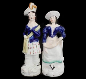 Antiqu 1850s Staffordshire Pair of English Women w/Cobalt Blue Accents #10/11 - Picture 1 of 12