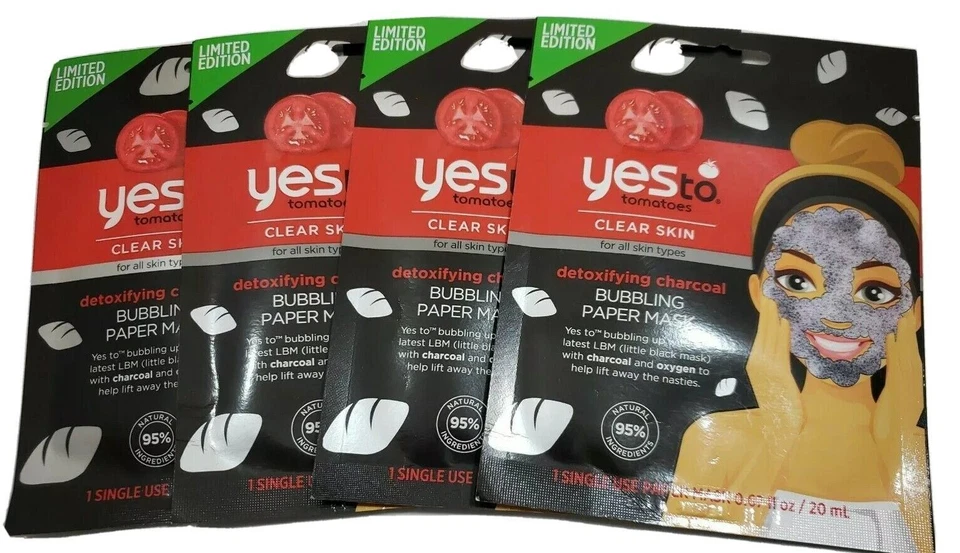 SIM AOS TOMATES CARVÃO DESINTOXICANTE BORBULHANDO 1MÁSCARA DE PAPEL ÚNICA ~ Lote de 4 ~ NOVO! - Imagem 1 de 4
