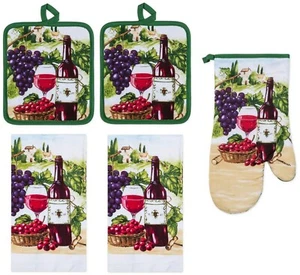 5pc Kitchen Set:2 Jumbo Pot Holders,1 Oven Mitt & 2 Towels,WINE & GRAPES,Premius - Picture 1 of 17