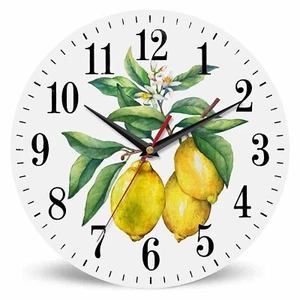 Watercolor Lemon Wall Clock Citrus Fruit on a Branch with Green Leaves Buds a... - Picture 1 of 7