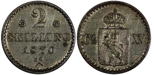 Noruega Carl XV Plata 1870 2 Habilidades con Rosetas XF KM# 336.1 (20 702) - Imagen 1 de 3