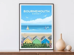 Bournemouth Art Print | Dorset England Travel Poster - Beach Huts Wall Art - Picture 1 of 5