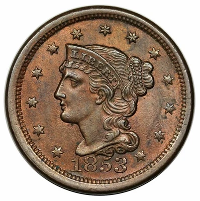 1853 Braided Hair Large Cent, N-25 - Image 1 of 2