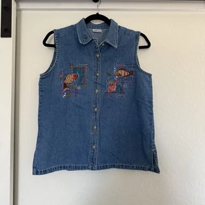 Vintage Cabin Creek Embroidered Denim Jean Collared Vest Fish Ocean 80s 90s y2k - Picture 1 of 5