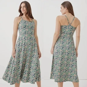 Pact Floral Midi Dress Size L Green Pink Organic Cotton Bra Top Sleeveless - Picture 1 of 9