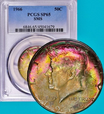 Medio dólar Kennedy 1966 40 % plata graduación profesional SP65 SMS magnífico color tono arco iris Foto 1 de 4