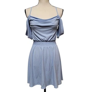 Express blaues Minikleid Damen Gr. S Cold Shoulder Fit & Flare drapiert Wasserfallausschnitt - Bild 1 von 6