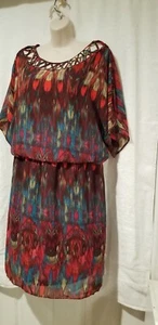 Versona transparentes mehrfarbiges Kleid geometrisch kurze Ärmel gefüttert Größe 14 - Bild 1 von 8