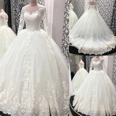 Elegante Vestido de Novia Mangas Largas Apliques de Encaje Cuello en O Corte Tren  Foto 1 de 4