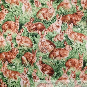 BonEful Fabric FQ Cotton Quilt Green Grass Brown Easter Bunny Rabbit Flower Sale - Picture 1 of 12