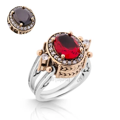Turkish Reversible Oval Red Ruby and Black Onyx Topaz 925 Sterling Silver Ring  - Image 1 of 4