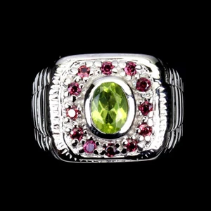 925 Sterling Silver Ring Oval Peridot 7x5mm Rhodolite Garnet Gemstone Jewelry 9 - Picture 1 of 9