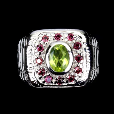 925 Sterling Silver Ring Oval Peridot 7x5mm Rhodolite Garnet Gemstone Jewelry 9 - Image 1 of 4