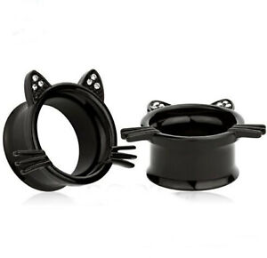 PAIR-Kitty Cat Black IP w/Gems Double Flare Ear Tunnels 10mm/00 Gauge Jewe